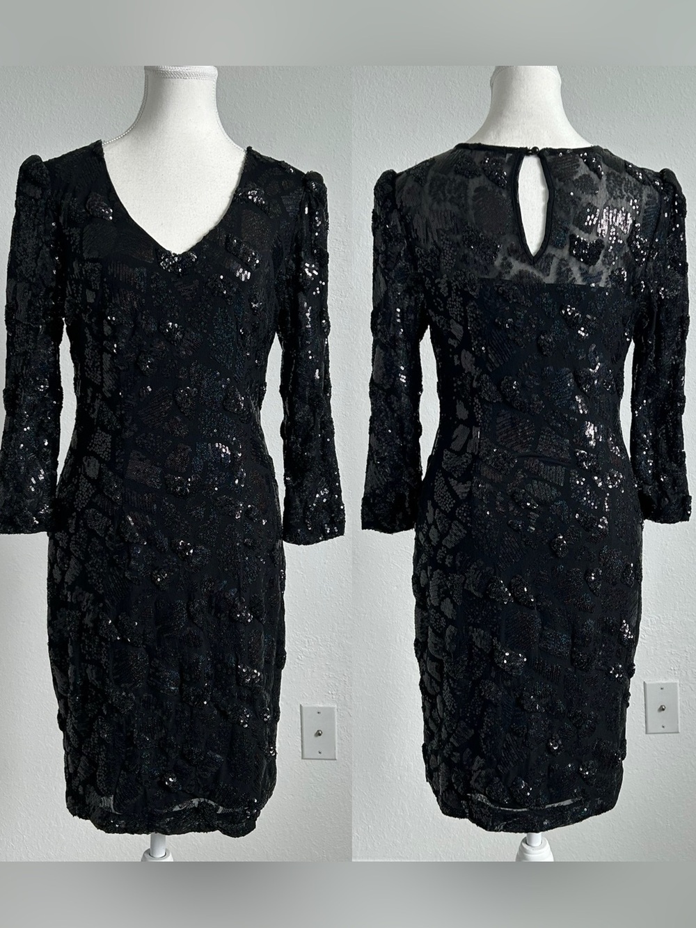 vintage sequin cache sheer bodycon cocktail formal midi dress 90’s
